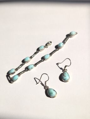 Sterling Silver Turquoise Teardrop Earrings & Link Bracelet Set
